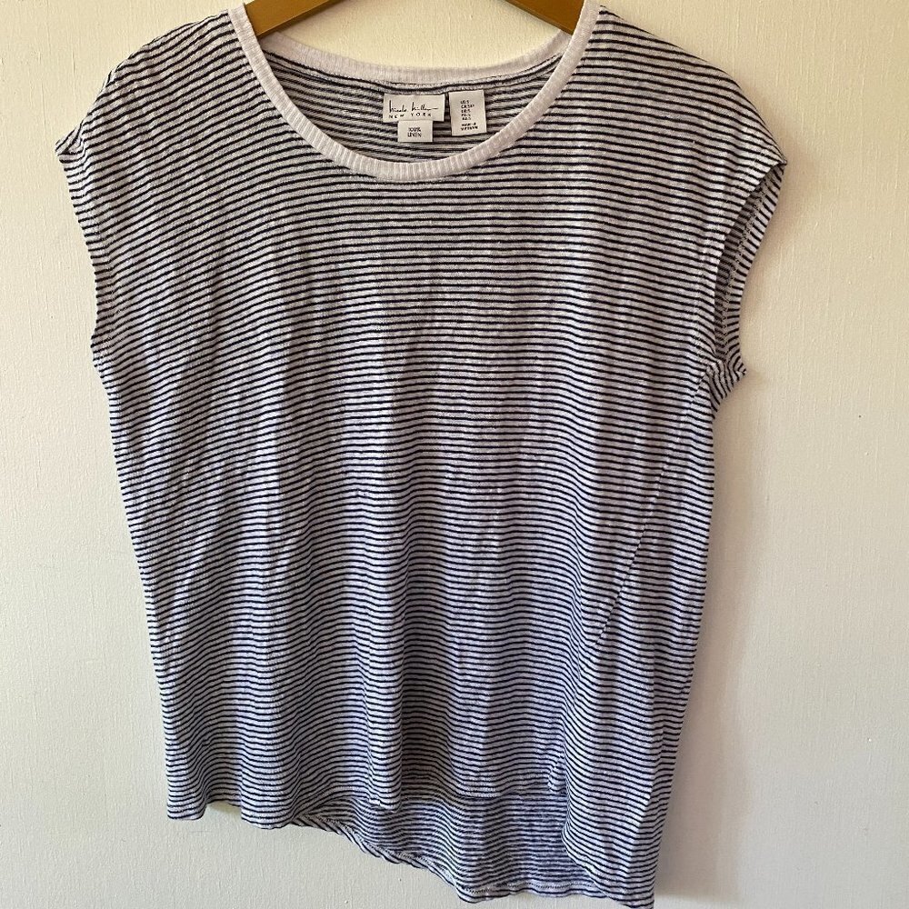 Nicole Miller Linen Top Womens Small Blue Striped Nautical Coastal Luxury